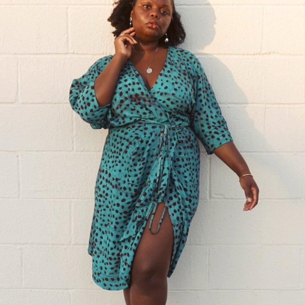 Plus-Size Teal Wrap Midi Dress with Black Spot Print